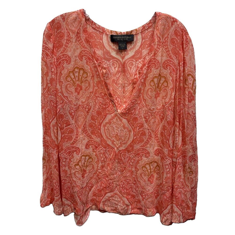 Banana Republic Factory Silk Print Boho Blouse Top Long Sleeve L Sheer Peasant